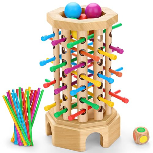 Hdsahdok Montessori Wooden Board Game For Kids 3-6 Years - Educational Learning Toy With Colorful Sticks, Dice& Balls - Fine Motor Skills, Classic Tower Games For Family Night - For Toddlers Boys Girls
