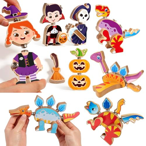 Huzu 2-In-1 Wooden Snap Together Building Blocks Set For Kids, Halloween Dress Up, Dinosaur Toys, 3D Puzzle, Stem Fine Motor Skills Montessori For Preschool Children Ages 3-8