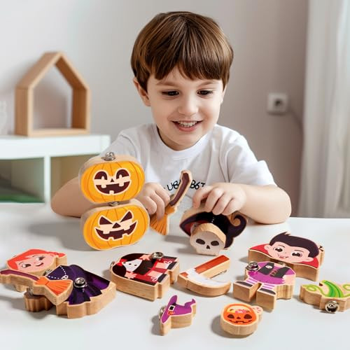 Huzu 2-In-1 Wooden Snap Together Building Blocks Set For Kids, Halloween Dress Up, Dinosaur Toys, 3D Puzzle, Stem Fine Motor Skills Montessori For Preschool Children Ages 3-8