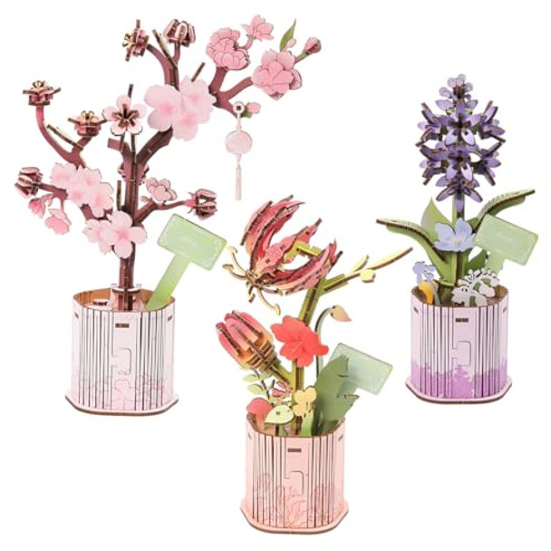 Insgen Insgen 3D Wooden Flower Puzzle For Adults, 3 Flowers Bouquet Building Sets, Wooden Flower Kit Diy Botanical Art Craft Model Kit Home Décor For Lovers Nature Enthusiasts