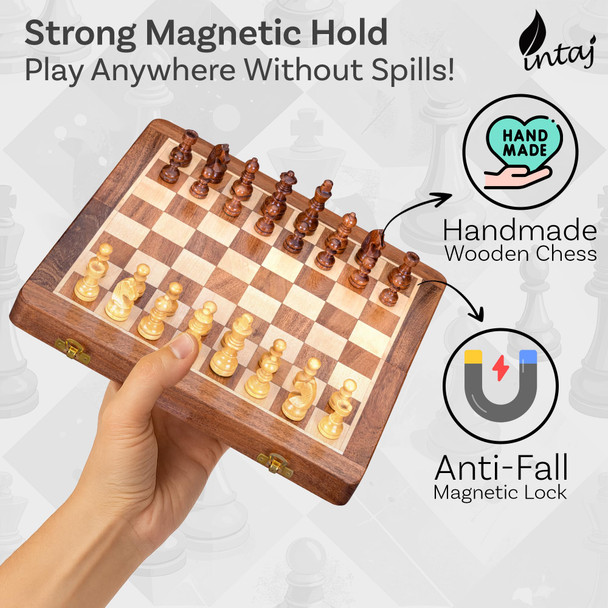 Intaj 12" Large Wooden Chess Set - Handcrafted Chess Board Game With Magnetic Pieces & Storage - Deluxe Folding Board For Kids & Adults - Premium Acacia Wood Set For Home Decor, Coffee Table &