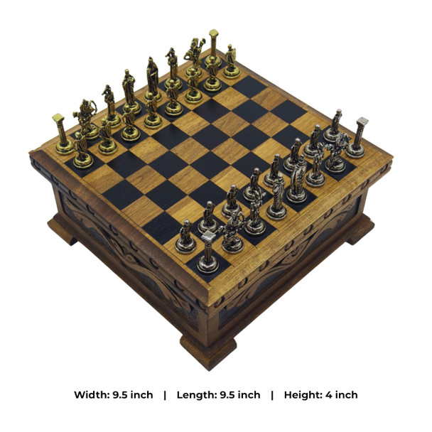 Interiart Wooden Chess Set With Storage – Handcrafted Chess Board And British Figure Metal Chess Pieces – Decorative Chess Game For Adults & Kids – Premium For Family & Friends (Gold Chess Pieces)