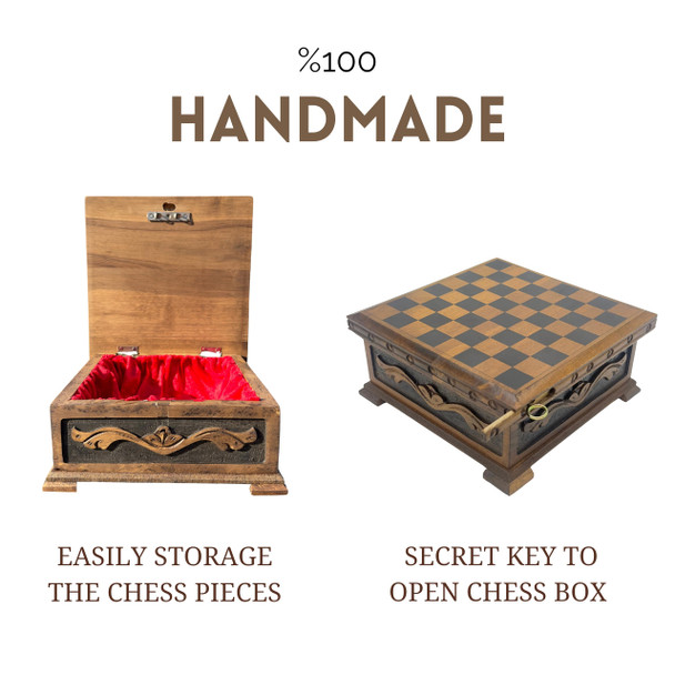 Interiart Wooden Chess Set With Storage – Handcrafted Chess Board And British Figure Metal Chess Pieces – Decorative Chess Game For Adults & Kids – Premium For Family & Friends (Gold Chess Pieces)