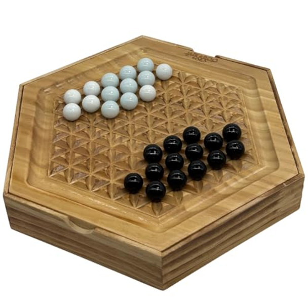 Jackaroo World Abalone Board Game - Marble Strategy Game - 2 Player Games - Marble Chess Game - Intellectual Chess Board Game - Strategy Games For Adults - Wooden Board Games 28 Black & White Marbles