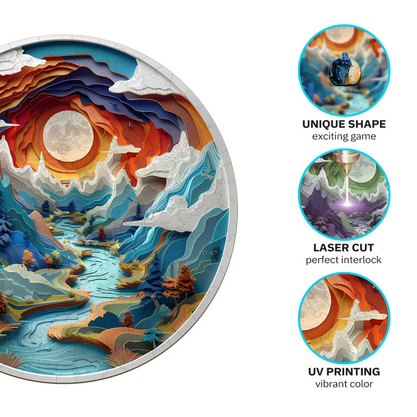 Jigfoxy Wooden Puzzle For Adults, 3D Visual Full Sun In The Mountains Wooden Jigsaw Puzzles For Adult, Unique Animal Shape Wood Cut Puzzles, For Friends Family (L-13.4 13.4In-300Pcs)