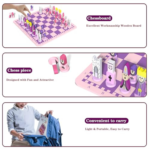 Jormony Cartoon Chess Set For Kids: Jormony 11.8" Pink Chess Board Themed Chess Kids Chess Sets For Beginners No Stress Chess Wooden Board Games Educational Toy Boys Girls For Family School