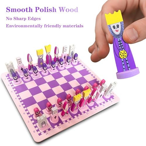 Jormony Cartoon Chess Set For Kids: Jormony 11.8" Pink Chess Board Themed Chess Kids Chess Sets For Beginners No Stress Chess Wooden Board Games Educational Toy Boys Girls For Family School