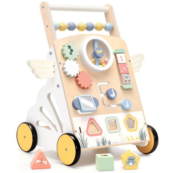 Kizknows Wooden Baby Push Walker, 6-In-1 Montessori Activity Center For Toddlers, Adjustable Speed Dinosaur Walker With Brake & Shape Sorter, Natural Solid Wood Learning Toy For Boys Girls 12M+