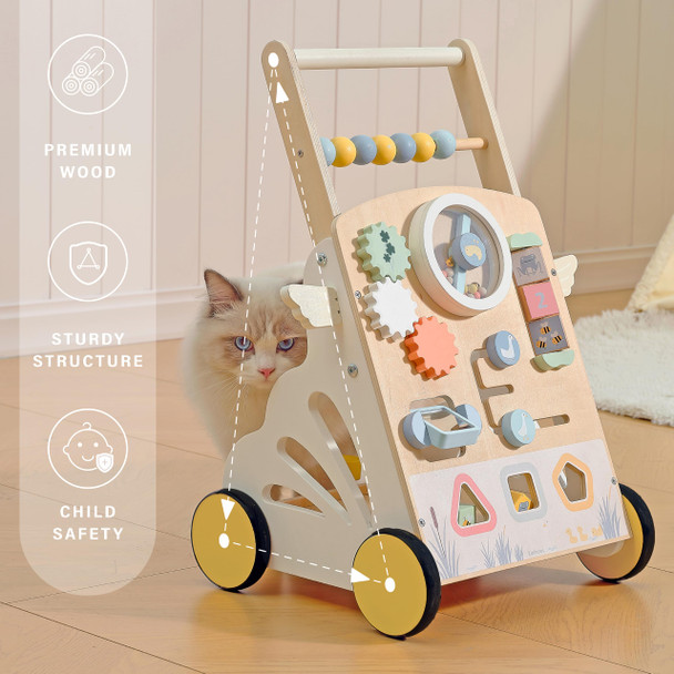 Kizknows Wooden Baby Push Walker, 6-In-1 Montessori Activity Center For Toddlers, Adjustable Speed Dinosaur Walker With Brake & Shape Sorter, Natural Solid Wood Learning Toy For Boys Girls 12M+