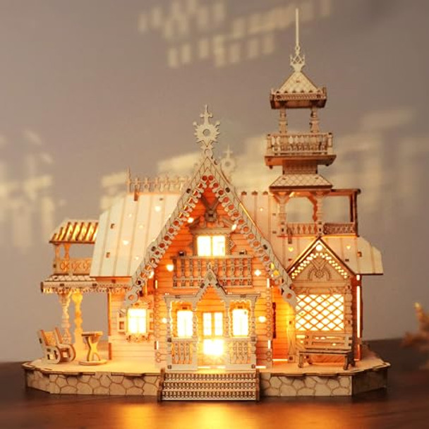 Kwasvlya Vintage Villa 3D Wooden Puzzle,Building Kits For Adults And Teens,Educational Brain Teaser Assembly Model With Led Lights,Skill Building And Creative Fun