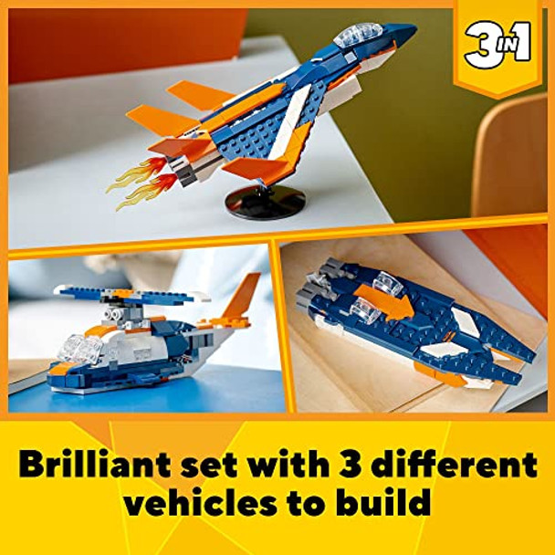 Lego Creator 3 In 1 Supersonic Jet Plane Toy Set, Transforms From Plane To Helicopter To Speed Boat Toy, Buildable Vehicle Models For Kids, Boys And Girls 7 Plus Years Old, 31126