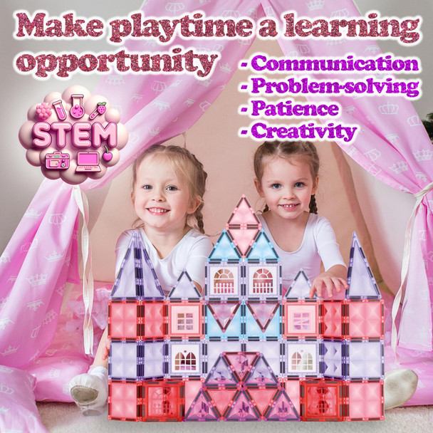 Little Pi Little Pi 104Pcs Frozen Princess Castle Magnetic Tiles Building Blocks - 3D Diamond Blocks, Stem Educational Toddler Toys For Pretend Play, 4 Year Old Girl Birthday S Kids Ages 3 5 6 7 8 - Pink