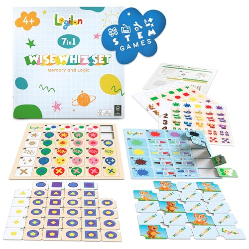 Logilan Wise Whiz 7-In-1 Brain Teaser Puzzles & Memory Game Montessori Busy Board, Learning Activities For Kids Ages 4-8 - Stem - Includes 2 Wooden Boards & Stickers Great Educational