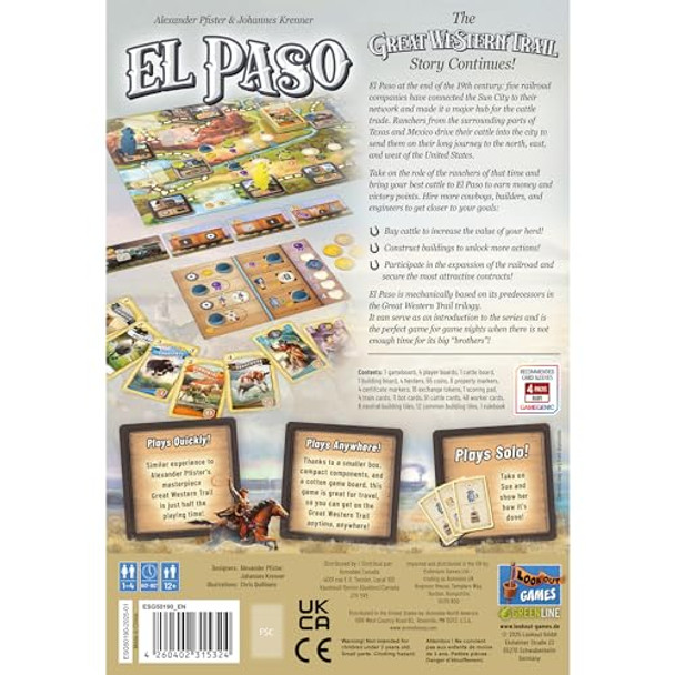 Lookout Great Western Trail El Paso Board Game - Fast-Paced Cattle Trade Strategy Game, Compact, Travel-Friendly For Kids & Adults, Ages 12+, 1-4 Players, 60-90 Min Playtime Made By Lookout Games
