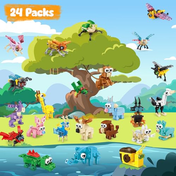 Moontoy Party Favors For Kids, 24 Pack Animals Building Blocks Toy For Goodie Bag Stuffers Valentines Day Mini Building Set Party Favors For Birthday For Boys Girls Ages 6-12+