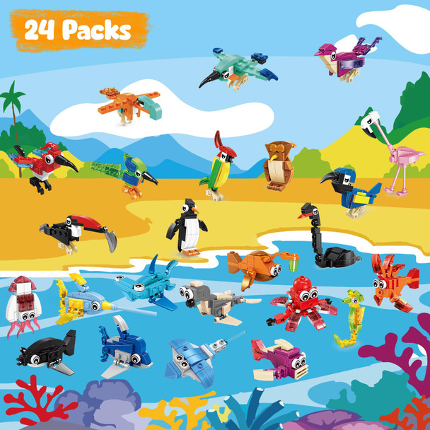 Moontoy 24 Pack Party Favors For Kids, 3-In-1 Mini Animals Building Blocks Sets For Easter, Birthday, Goodie Bag Stuffers, Classroom Prizes For Boys Girls Ages 3-12