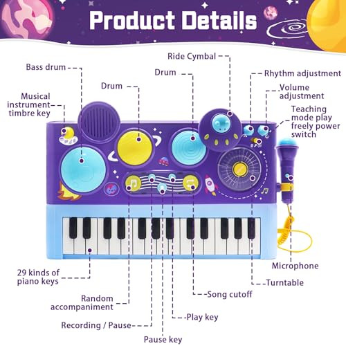 Mostop Toddler Musical Toys 5 In 1 Piano Keyboard Xylophone Drum With Microphone, Dj Table Instruments Learning Toys With Lights For Boys Girls Age 2-5, Kids Piano Drum Set Christmas Birthday