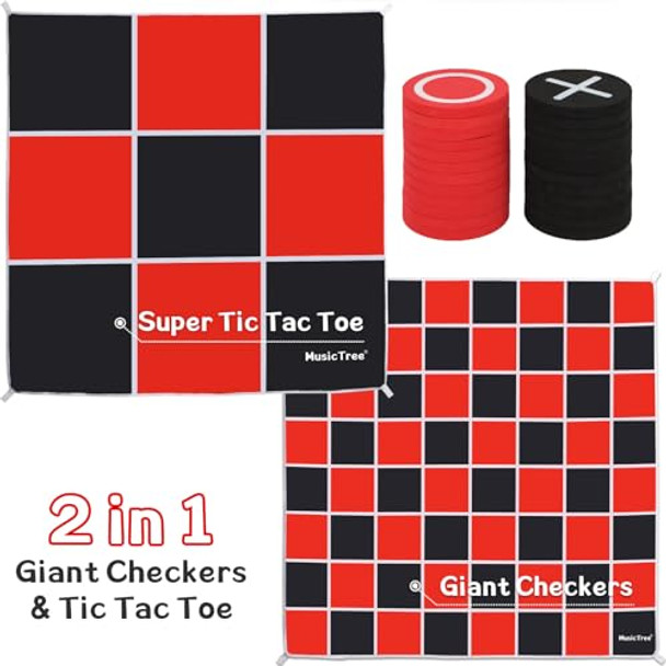 Musictree 2 In 1 Giant Checkers & Large Tic Tac Toe Game Set (4.6Ft X 4.6Ft), Jumbo Checkers Outdoor Lawn Games With Chess Board Mat & 4 Ground Stakes, Giant Indoor Outdoor Games For Kids, Yard, Camping Party