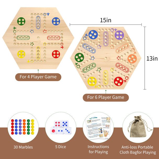 Mygikact Wooden Wahoo & Aggravation Board Game – Double-Sided Painted Fast Track Game For 4 To 6 Players, With 30 Marbles And 6 Dice, Ideal For Family Game Night And Friends Gatherings (Wooden)
