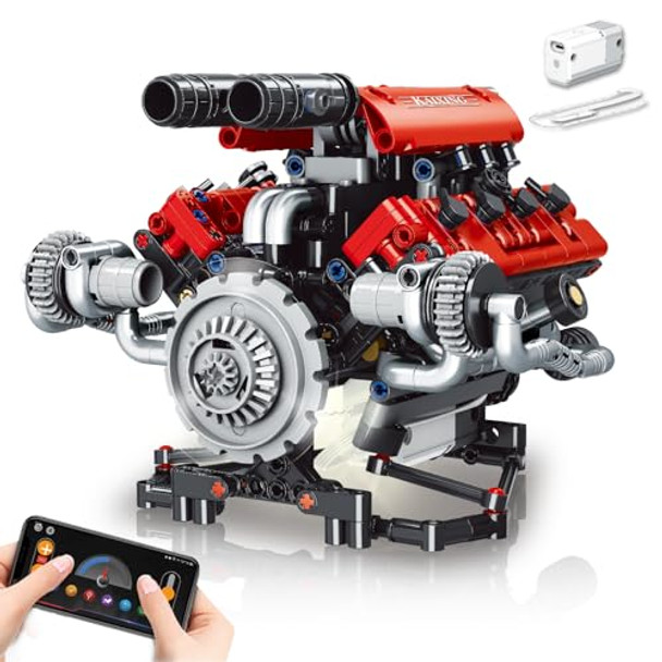 Ownone 1 V8 Engine Model Kit That Work - 8-Cylinder Visible Engine Building Blocks Set With Motor, Led Light & App Control - Build Your Own Engineering Kit, Stem Project For Adults & Kids (660 Pcs)