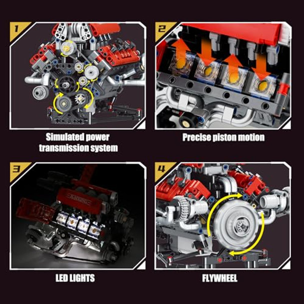 Ownone 1 V8 Engine Model Kit That Work - 8-Cylinder Visible Engine Building Blocks Set With Motor, Led Light & App Control - Build Your Own Engineering Kit, Stem Project For Adults & Kids (660 Pcs)