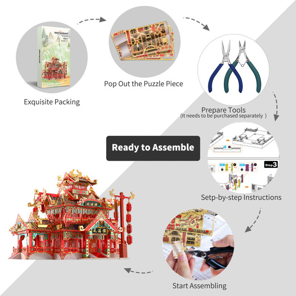 Piececool 3D Puzzles For Adults Metal Model Kits, Chinese Ancient Reataurant 3D Metal Puzzle, Traditional Architecture Building Puzzle Diy Toys, Great Idea-215 Pcs