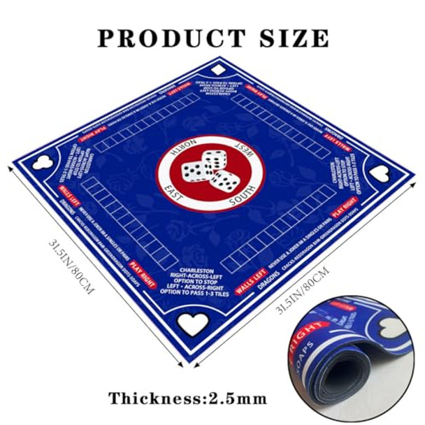 Pittera Mahjong Mat For Table With Drawstring Bag/31.5Inch/American Mahjong Table Cloth With Rules Mats， Noise Reduction Anti-Slip Game Mat For Table，For Mahjong/Poker/Board Games/Card Games/Dominoes (Blue)