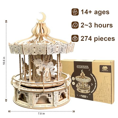 Playhiland 3D Wooden Puzzles For Adults - Diy Wooden Music Box, Merry-Go-Round Model Kit - 274 Pieces Wooden Jigsaw - Brain Teaser - Birthday For Boys And Girls/Adults