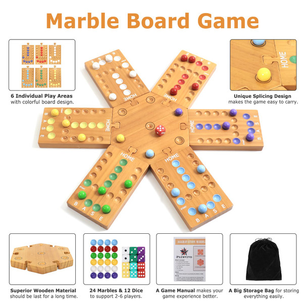 Plusvivo Marble Board Game, Wooden Board Game For 4 And 6 Players, Portable Original Marble Game With 24 Marbles 12 Dice For Family Friends Party Game Night Black