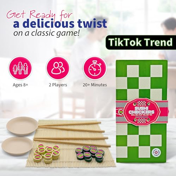 Project Genius: Sushi Checkers - Game & Sushi Making Set, Folding Bamboo Game Board, 24 Checkers & Chopsticks Set, Adults & Kids Ages 8+, 2 Players