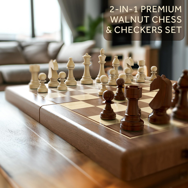 Puecrof Premium 38 Cm Walnut Magnetic Chess And Checkers Set - 2-In-1 Foldable Wooden Board Game With Staunton Figures, 2 Extra Ladies, Tiles And Dust Bag (Black)