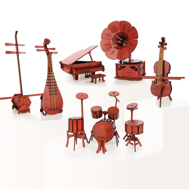 Pumboom 6-In-1 3D Puzzles Music Instrument Set For Adults/Kids With Piano, Gramophone, Drum-Kit, Cello, Erhu, And Pipa, For Wooden Decorations, Wood Craft Jigsaw Puzzle For 6 Age Up