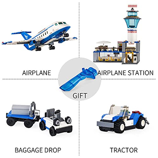 Qlt Qiaoletong City Airplane Station Building Kits Toys,Stem Building Sets For Kids, With Helicopter/Airport/Passenger/Lorry Truck/Car, Best For 6-12 Boys Girls (582 Pieces)