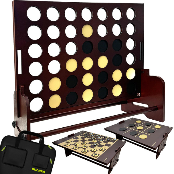 Quokka Giant Connect Game 4-In-1 Superset - Brown Four In A Row - Wooden Jumbo Family Friends Game For Adults - Backyard Family Party - Big Chess & Checkers - Indoor Games - Wooden Tic Tac Toe