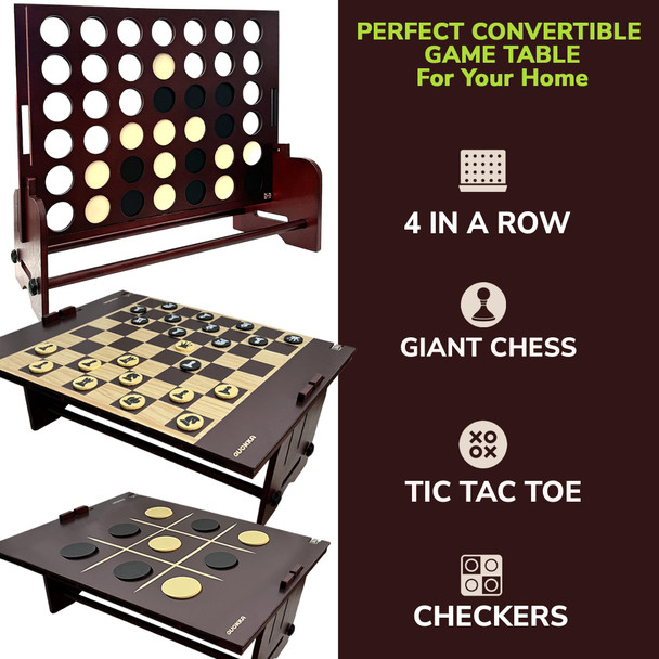 Quokka Giant Connect Game 4-In-1 Superset - Brown Four In A Row - Wooden Jumbo Family Friends Game For Adults - Backyard Family Party - Big Chess & Checkers - Indoor Games - Wooden Tic Tac Toe