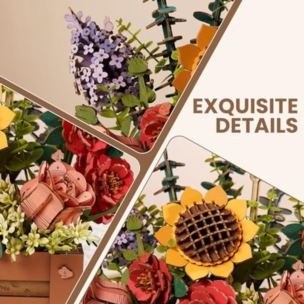 Robotime 3D Wooden Bloom Box Puzzle, Adults' Flower Bouquet Building Set, Artificial Flowers Home Decor, For Wedding/Mother'S Day/Birthday, Wood Craft Kit