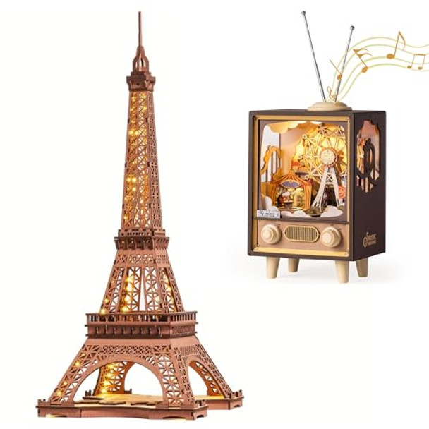 Robotime 3D Puzzle For Adults Diy Model Building Kit Eiffel Tower & Wooden Music Box Sunset Carnival Robotime 3D Puzzle For Adults Diy Model Building Kit Eiffel Tower & Wooden Music Box Sunset Carnival