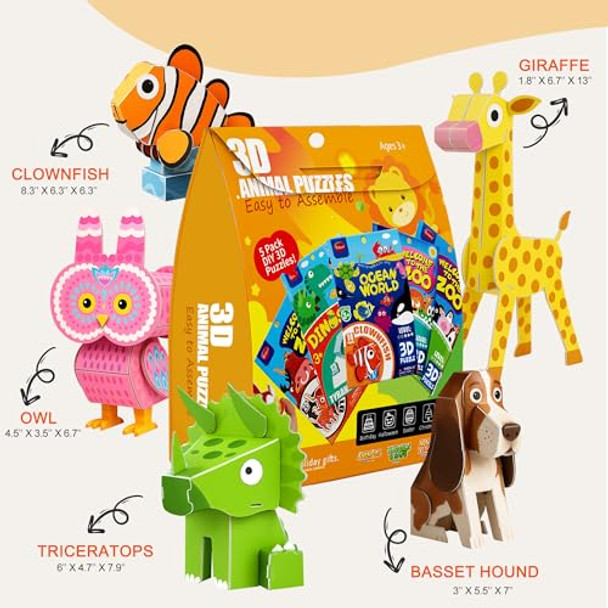Rohsce 3D Puzzles For Kids – Diy Animal Puzzles Educational Paper Craft Kit With 5 Cartoon Animals – Stem Learning Toys For Boys & Girls, Creative S For Birthday, Classroom, And Travel
