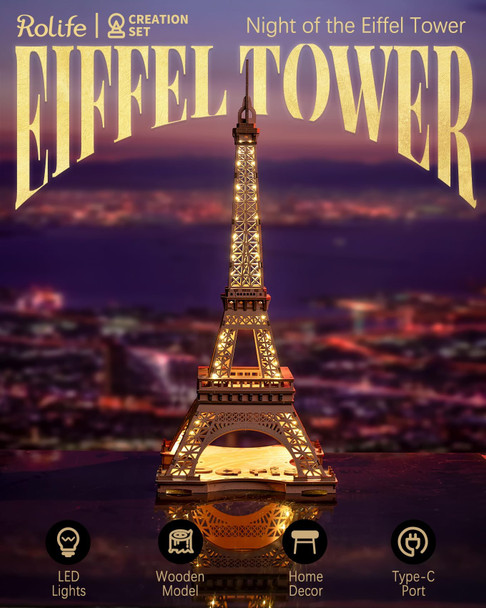 Rolife 3D Wooden Puzzles For Adults, Large Eiffel Tower Set-Led Model Building Sets, Paris Architecture Kits As Home Decor Ideas For Women And Men.