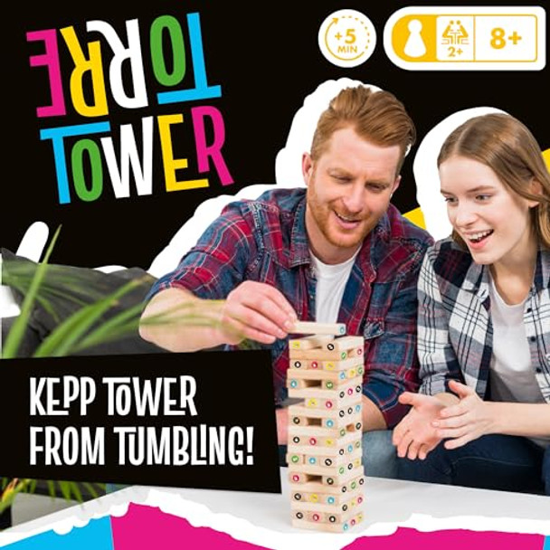 Ronda Tumble Tower Game - Wooden Family Board Game, Develops Motor, Mental, And Sensory Skills, Includes 48 Pieces, Stickers, And Dice