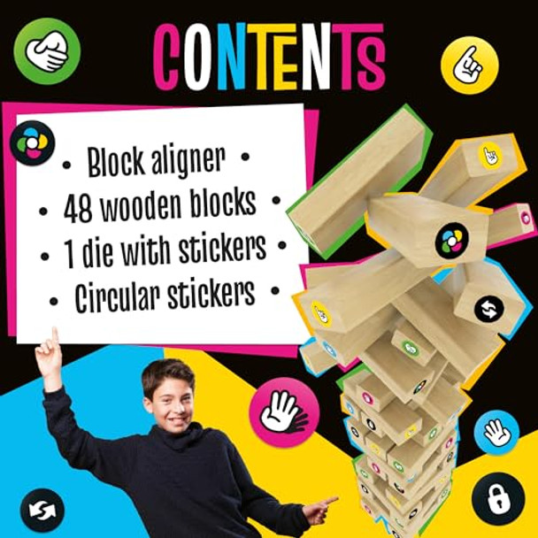 Ronda Tumble Tower Game - Wooden Family Board Game, Develops Motor, Mental, And Sensory Skills, Includes 48 Pieces, Stickers, And Dice