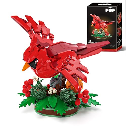 Sinuraii Northern Cardinal Building Block Set, Male Northern Cardinal Fly In Winterberry Plant Bush, Red Bird Figurine, Ideal For Home And Office Décor, Christmas Toy For Kids, Adults