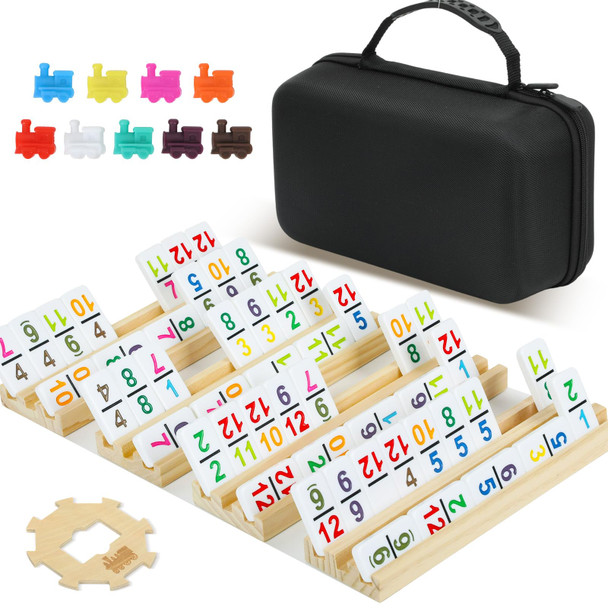 Soopotay 4 Player Games, Mexican Train Dominoes Set With Numbers, 4 Wooden Racks, 91 Tiles, Portable Case, D12 Dominos Set For Adults, Board Game For Adults, Easter Basket Stuffers, Easter S For Men Women