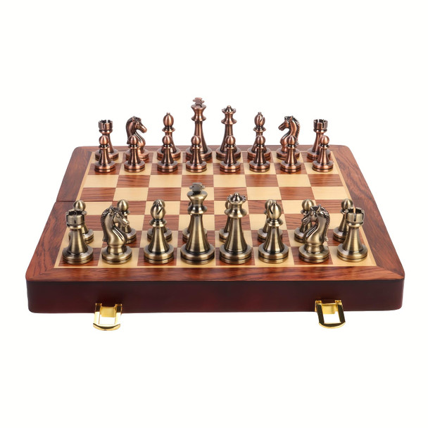 Strategyify 15-Inch Metal Chess Set With Wooden Storage Box - Folding Travel Board, Alloy Chess Pieces For Adults, Strategy Game & Home Decor