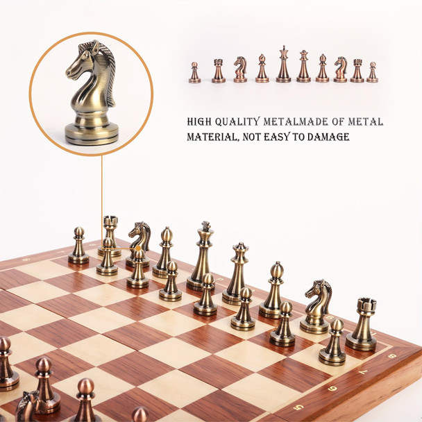 Strategyify 15-Inch Metal Chess Set With Wooden Storage Box - Folding Travel Board, Alloy Chess Pieces For Adults, Strategy Game & Home Decor