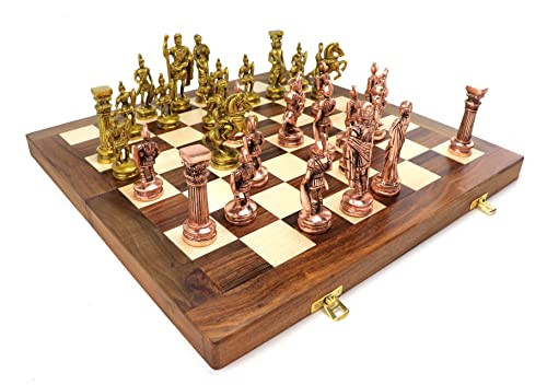 Theguria Brass Roman Art Luaxary Board Game, Ting & Playing, 1 Set 32 Pcs (Copper Antique & Yellow Antique) & Lekra Antique Wooden Board