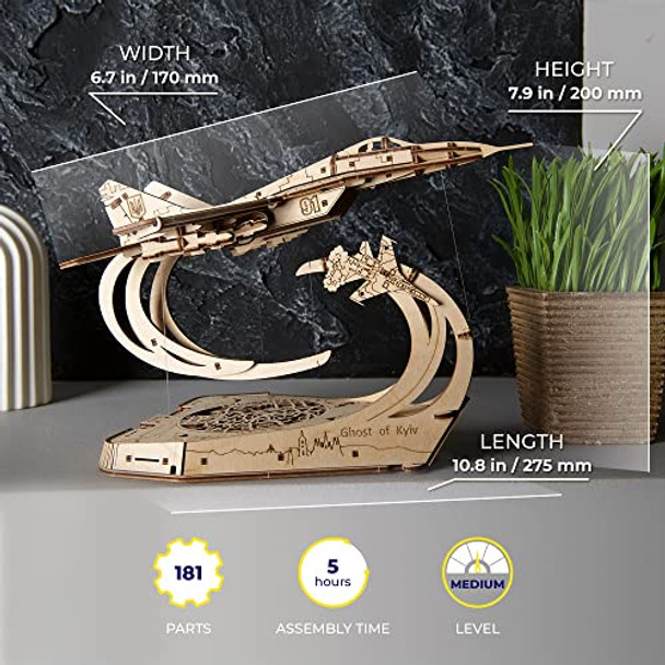 Ugears Wooden Airplane Model Kits - The Ghost Of Kyiv Ukrainian Fighter Jet Model Kit With Movable Ailerons, Wing Flaps & Tail Rudders - Mig-29 Military Aircraft - 3D Puzzles For Adults