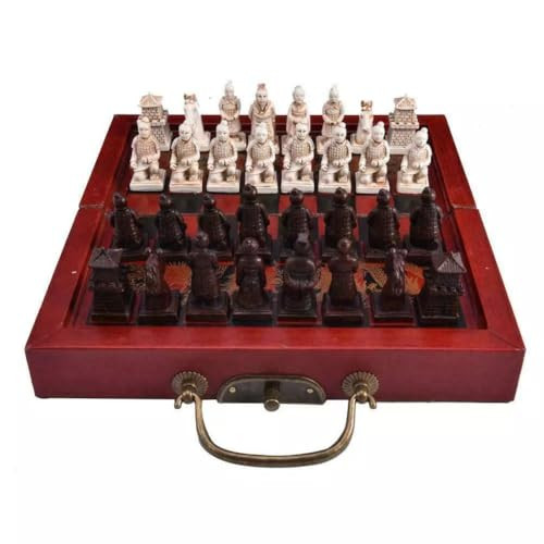 Uniqus Retro Vintage Chinese Terracotta Warriors Chess Set Board Game Set Friends Family 32 Chess Set Wood Table 3D Resin Chess