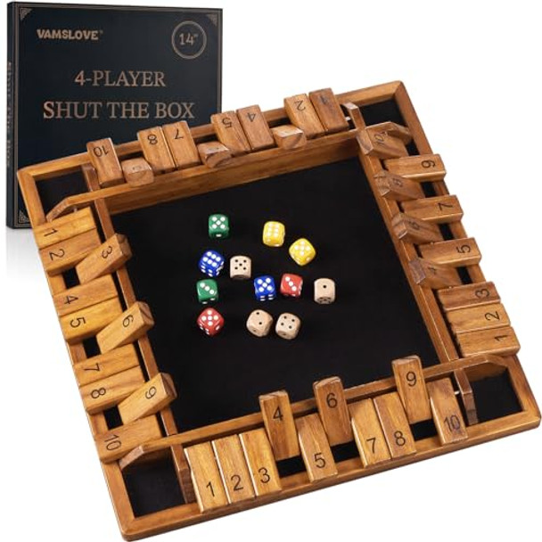 Vamslove D 14 Inches Shut The Box Dice Game Wooden Board Table Math Game With 8+4 Dice For 2-4 Player 4-Sided 10 Number Close The Box For Kids And Adult-Instruction Included