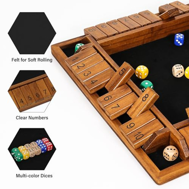 Vamslove D 14 Inches Shut The Box Dice Game Wooden Board Table Math Game With 8+4 Dice For 2-4 Player 4-Sided 10 Number Close The Box For Kids And Adult-Instruction Included